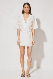 Semi-sheer embroidered mini shirt dress with V-neck notch collar, short sleeves, A-line skirt, and removable macramé waist belt