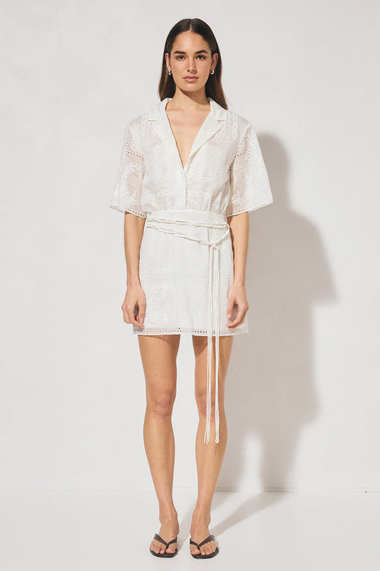 Semi-sheer embroidered mini shirt dress with V-neck notch collar, short sleeves, A-line skirt, and removable macramé waist belt