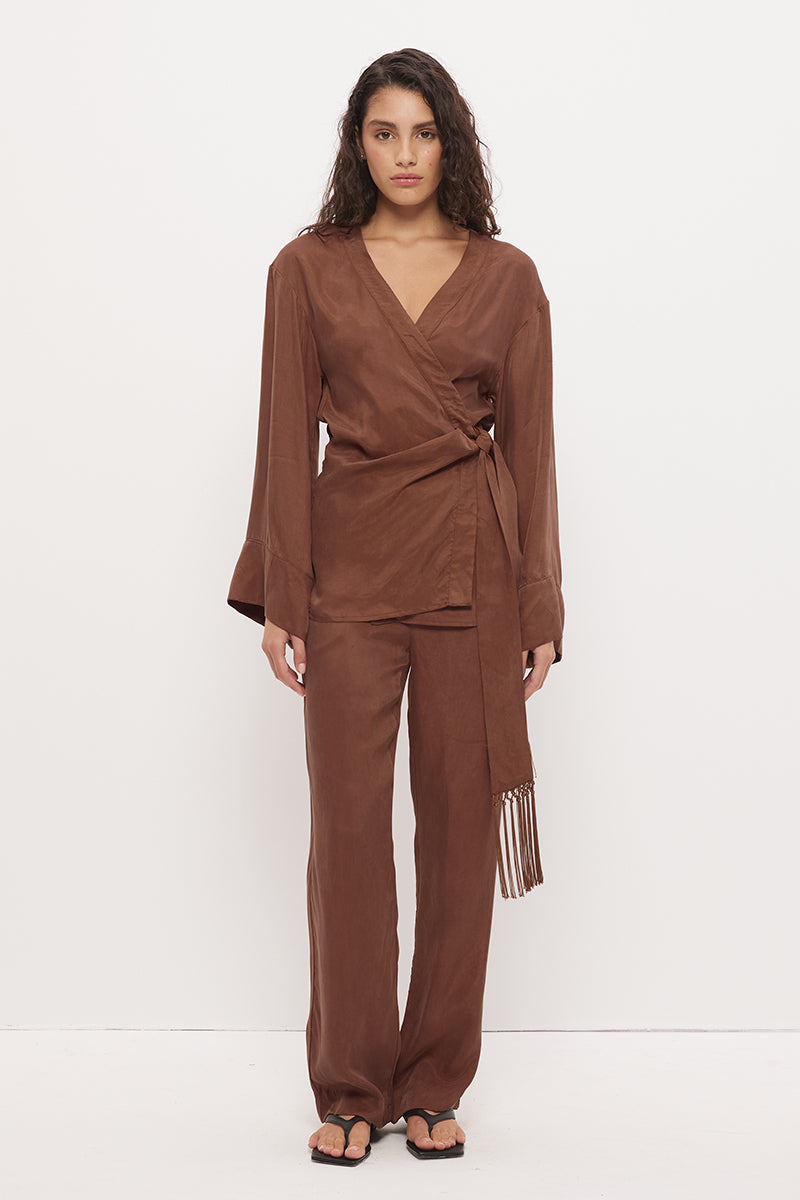 Kimono wrap top in brushed woven fabric with waist tie and macrame tassel detail
