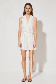 Embroidered halter mini dress with macramé waist belt and A-line silhouette
