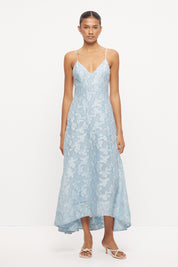 Strappy hi-lo midi dress in semi-sheer floral applique with plunging V-neckline and fit and flare skirt