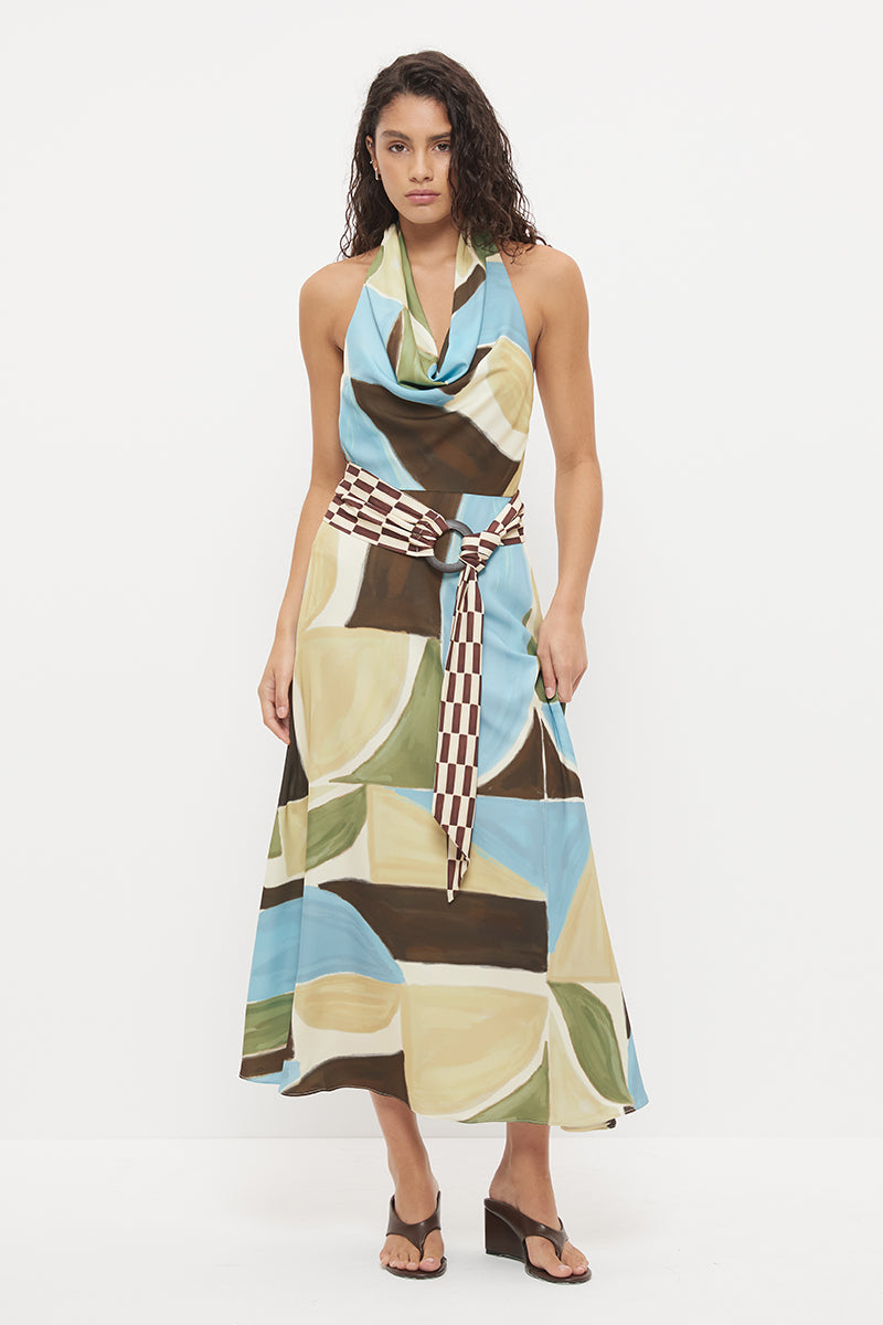 Halter neck maxi dress in sateen with cowled neckline and contrast wooden ring belt