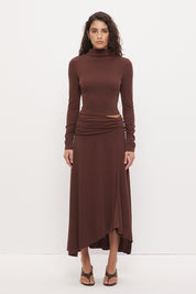 Printed asymmetrical midi skirt with gathered waistband, draped hi-lo hem, and front split in stretch modal jersey
