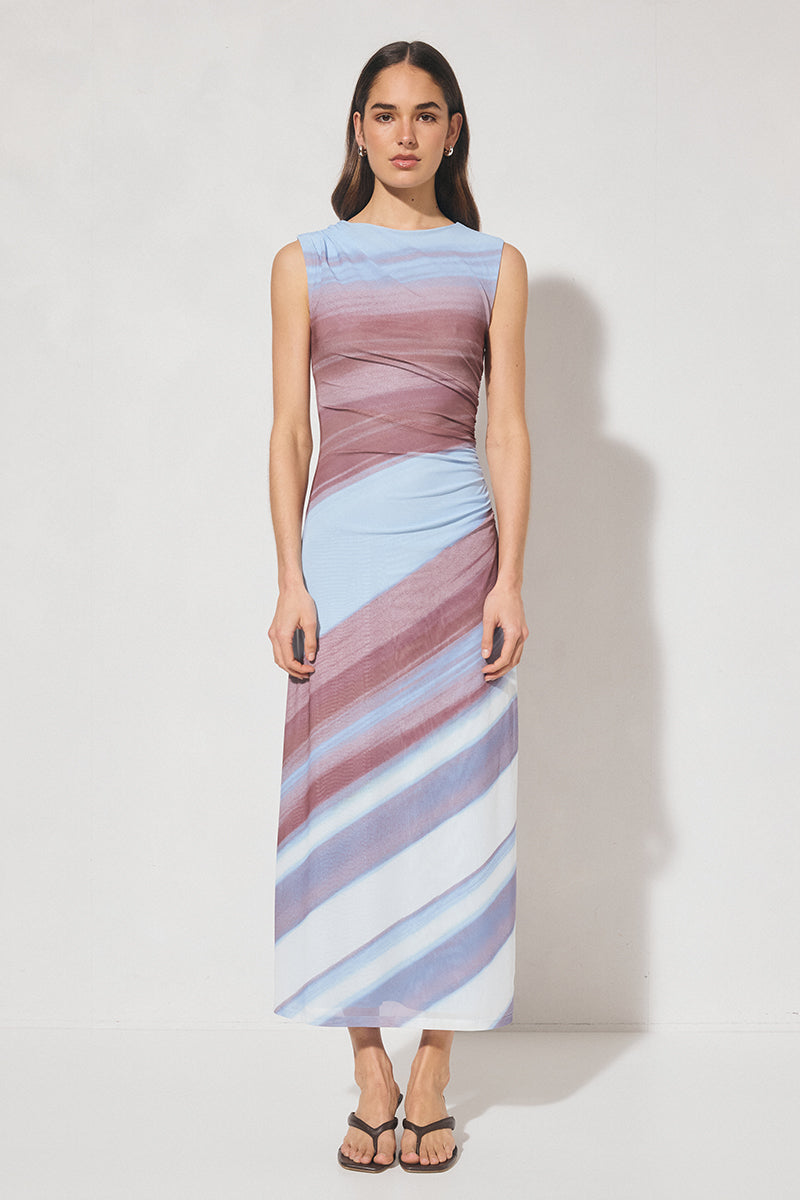 Asymmetric ombre mesh midi dress with draped ruching, sleeveless boat neckline, fitted torso and A-line skirt