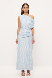 One-shoulder maxi dress in textured jacquard mesh with draped neckline and ruched hip drawcord