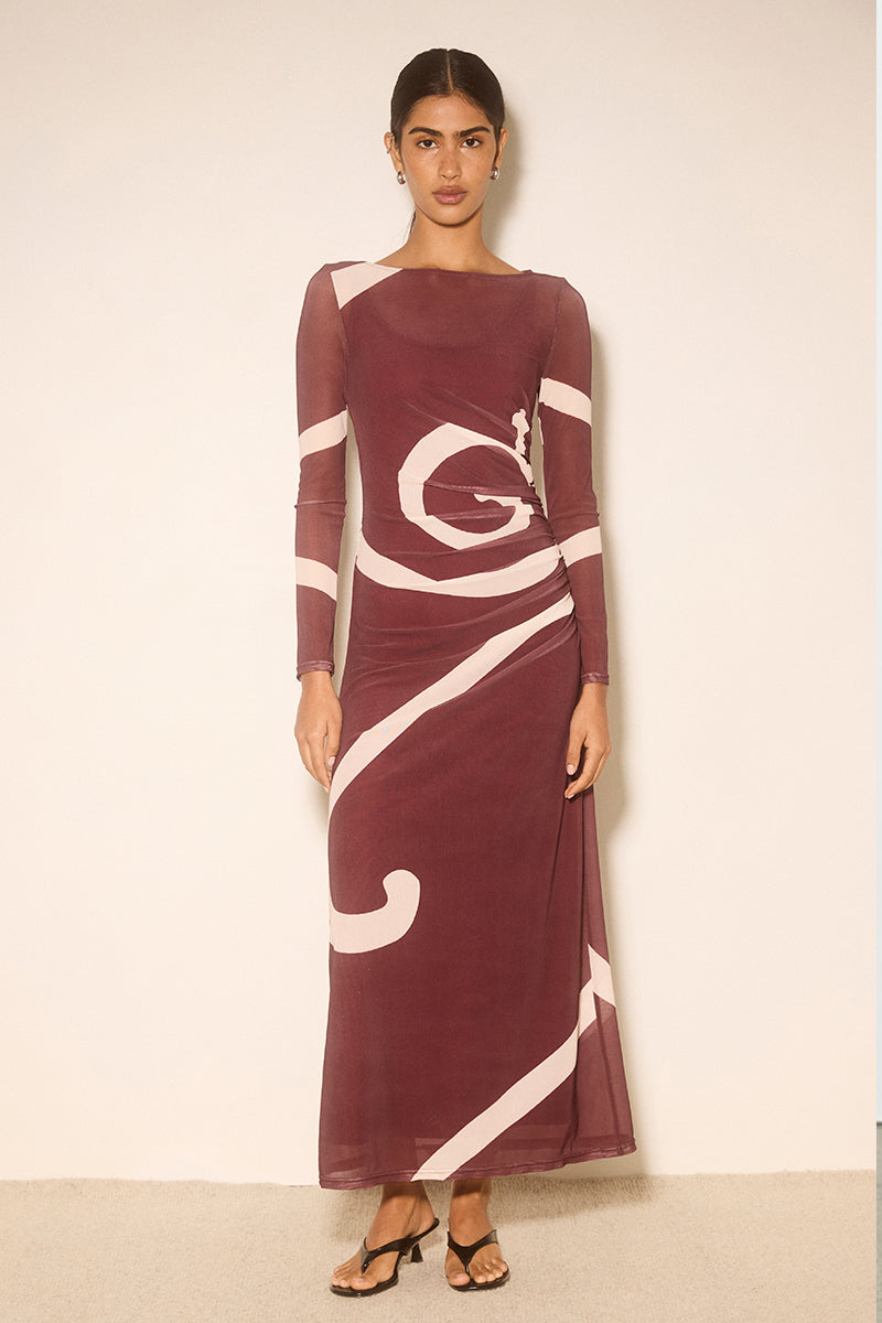 Long-sleeve mesh maxi dress in plum swirl with a skimming fit and straight midi-to-maxi length.
