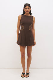 Sleeveless stretch crepe mini dress with boat neckline, contrast embroidery and full fit and flare skirt