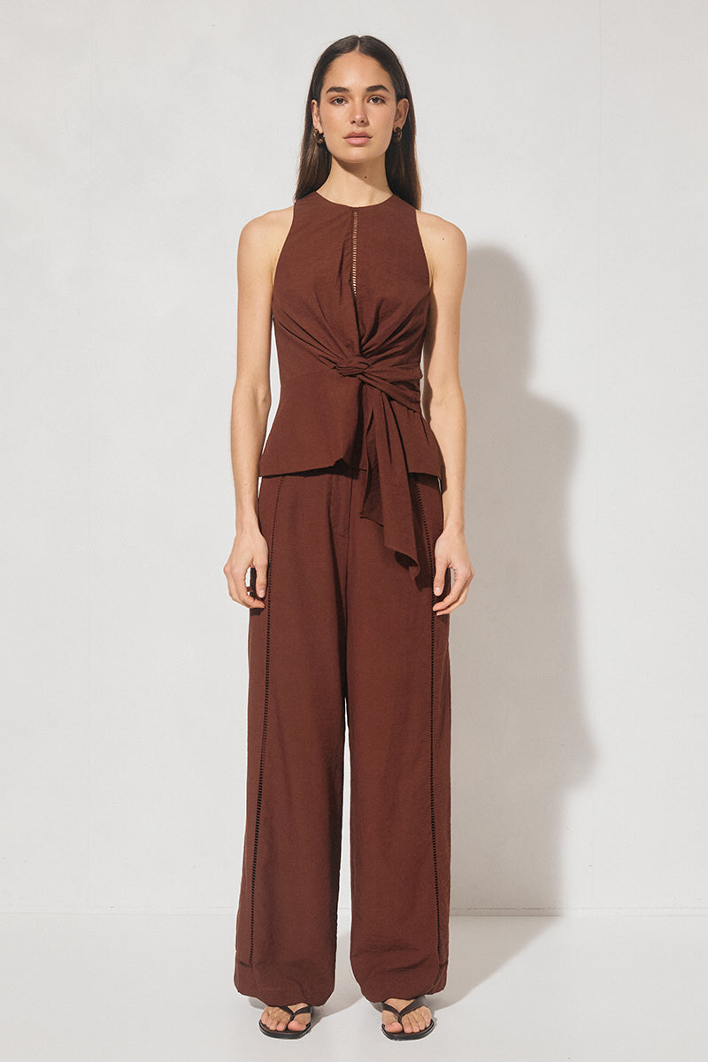 High-waisted textured woven straight-leg pants with ladder trim side panel and tailored waistband