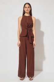 High-waisted textured woven straight-leg pants with ladder trim side panel and tailored waistband