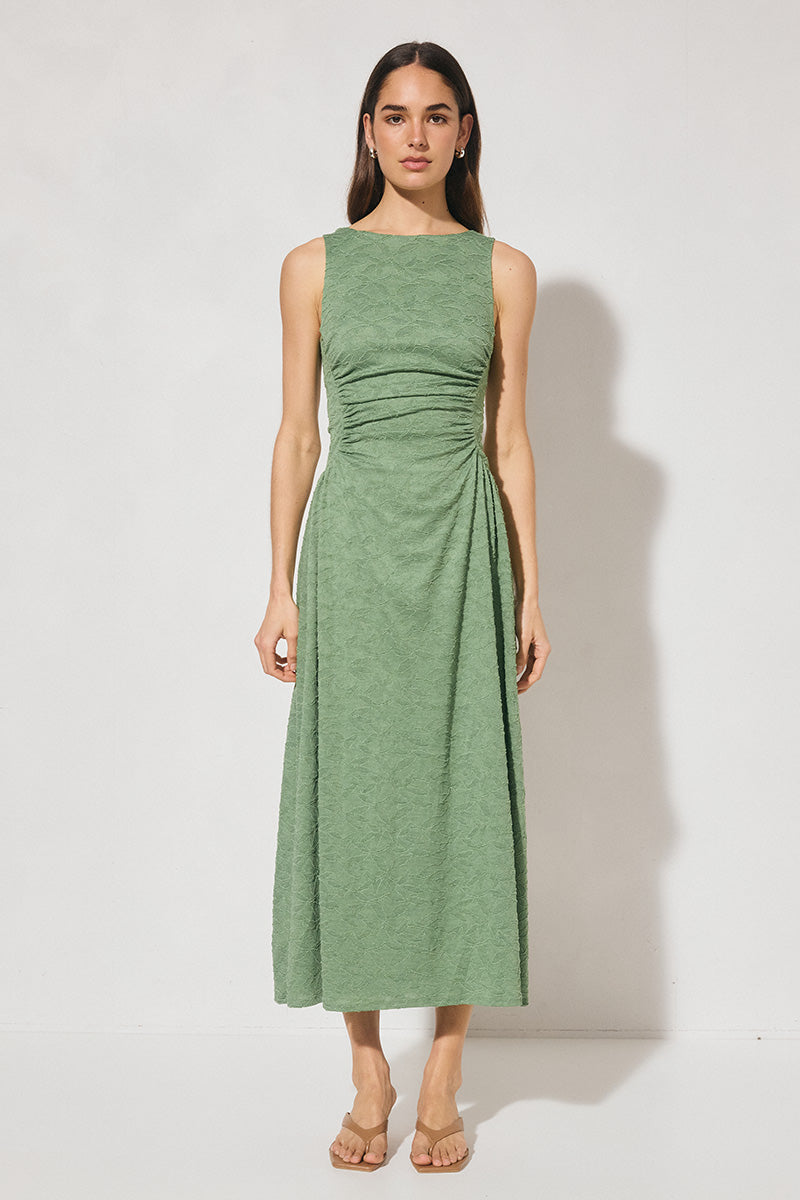 Fit & flare lace midi dress with boat neckline and gathered bodice