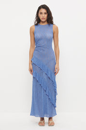 Sheer mesh lace midi dress with fit and flare silhouette, waist ruching and flounced frill hem