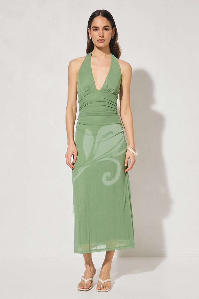 Mesh halter midi dress with body-skimming silhouette and halter tie