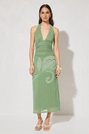 Mesh halter midi dress with body-skimming silhouette and halter tie