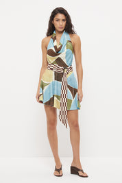 Halter neck mini dress in sateen with cowled neckline and contrast wooden ring belt