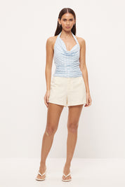Fitted halter neck top in textured jacquard mesh with asymmetrical draped cowl neckline