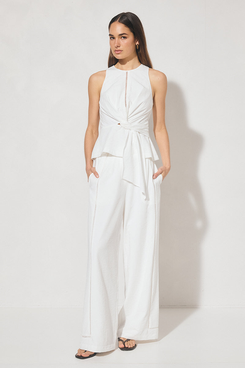 High-waisted textured woven straight-leg pants with ladder trim side panel and tailored waistband