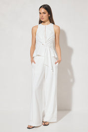 High-waisted textured woven straight-leg pants with ladder trim side panel and tailored waistband