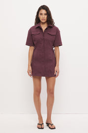 Denim shirt mini dress with utility style, chest patch pockets and convertible collar