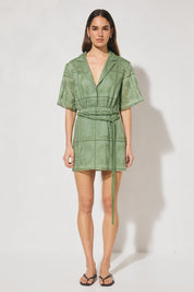 Semi-sheer embroidered mini shirt dress with V-neck notch collar, short sleeves, A-line skirt, and removable macramé waist belt