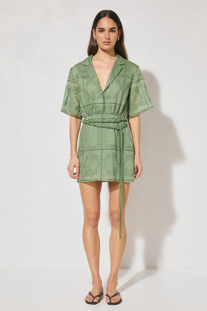 Semi-sheer embroidered mini shirt dress with V-neck notch collar, short sleeves, A-line skirt, and removable macramé waist belt