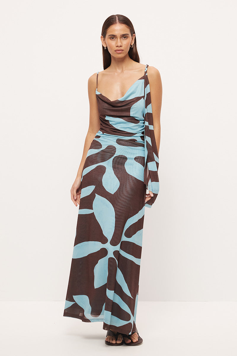 Strappy maxi dress in stretchy mesh with asymmetrical cowl neckline, plaited strap and long scarf in exclusive handcrafted print