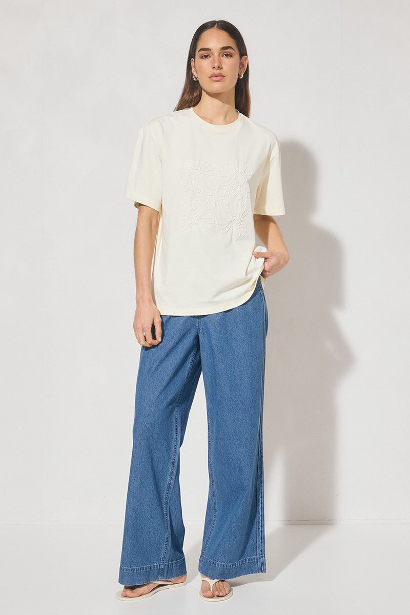  Oversized cotton jersey T-shirt with round neckline and cornelli appliqué detail, designed in Australia