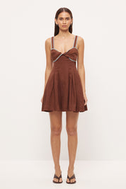 Twist front linen mini dress with sweetheart neckline, empire line fit and contrast cornelli applique