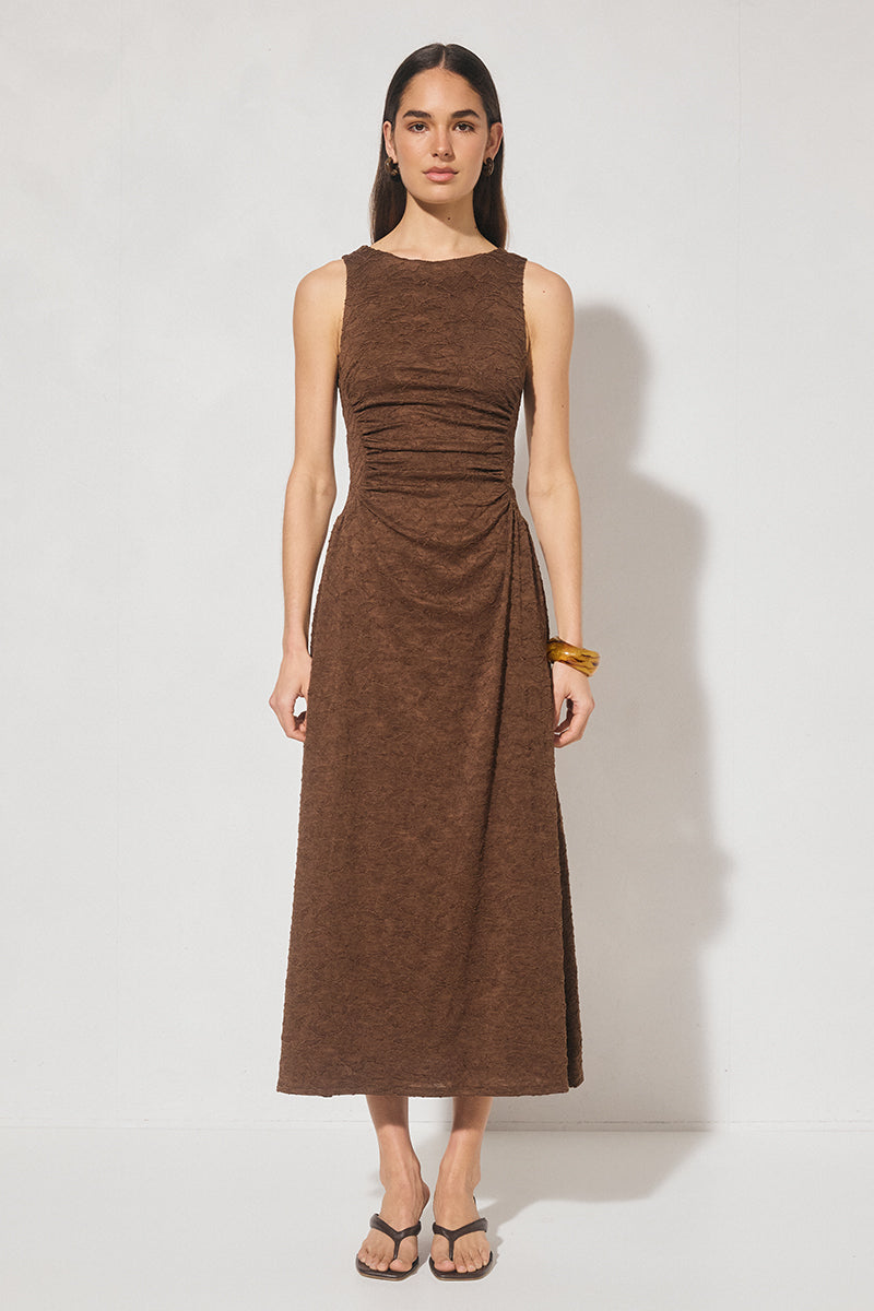 Fit & flare lace midi dress with boat neckline and gathered bodice