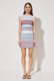 Sleeveless ombre mesh mini dress with sheer shoulder yoke, boat neckline, waist ruching and A-line skirt