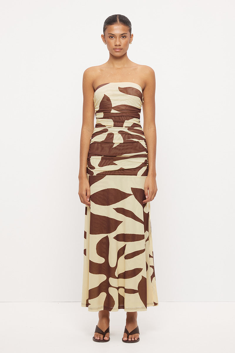 Strapless midi dress in stretchy mesh with fitted longline bodice, dropped waist and side split in exclusive handcrafted print