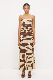 Strapless midi dress in stretchy mesh with fitted longline bodice, dropped waist and side split in exclusive handcrafted print