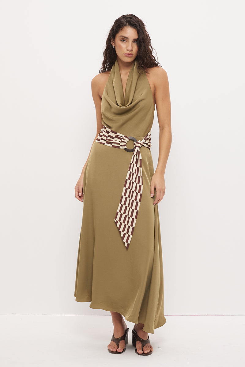 Halter neck maxi dress in sateen with cowled neckline and contrast wooden ring belt