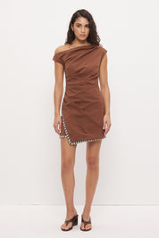 One-shoulder mini dress in textured stretch cotton with sunray pleats and fringed hem