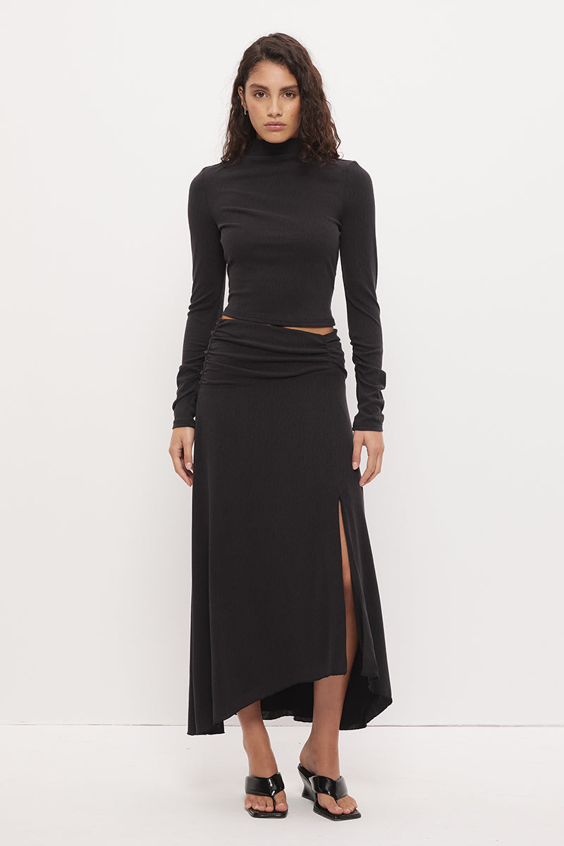 Textured jersey midi skirt with asymmetrical waistband, gathered detail, hi-lo hem and side split