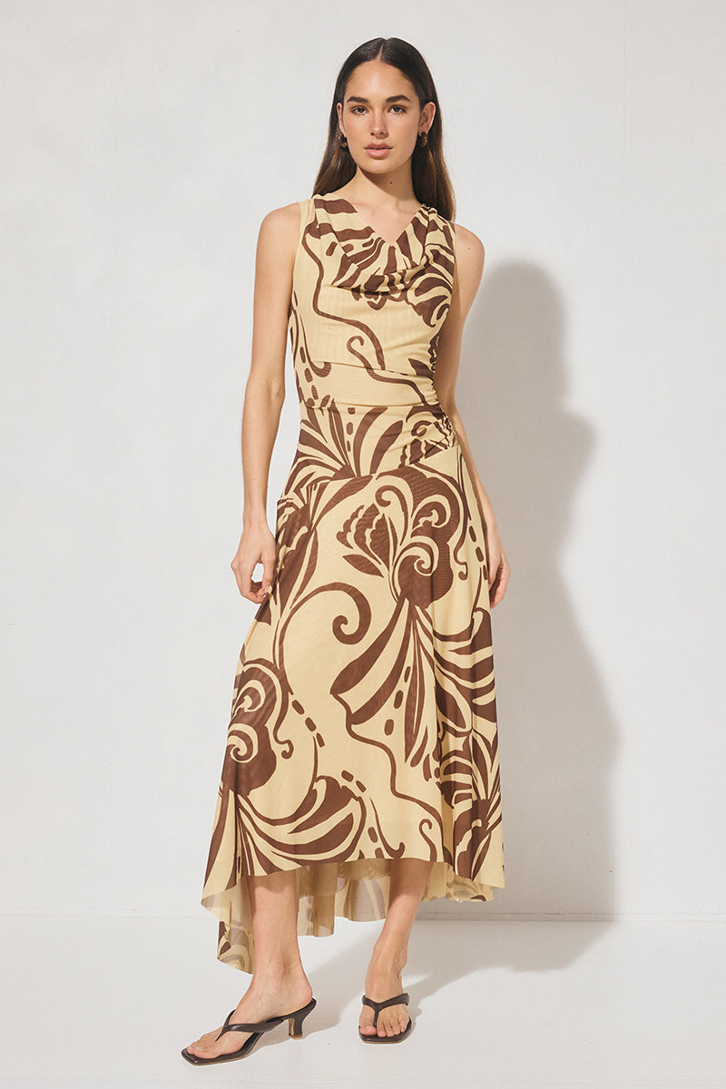  Sleeveless mesh midi dress with handcrafted print, cowl neckline, fit and flare silhouette, and hi-lo hem