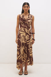 Sleeveless mesh midi dress with handcrafted print, cowl neckline, fit and flare silhouette, and hi-lo hem