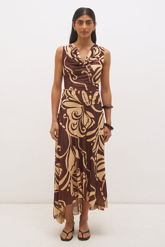 Sleeveless mesh midi dress with handcrafted print, cowl neckline, fit and flare silhouette, and hi-lo hem