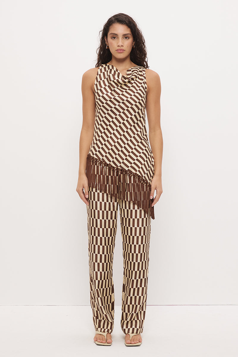 Mid-rise relaxed fit straight leg pants in brushed woven fabric with exclusive handcrafted print
