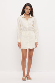 Mini shirt dress in linen seersucker with blouson bodice, cinched waist and scalloped lace hem