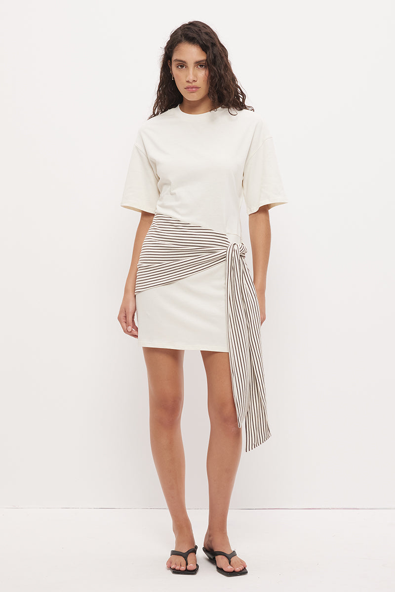Tee shirt mini dress in cotton jersey with dropped waist and contrast tie sash