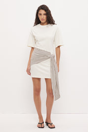 Tee shirt mini dress in cotton jersey with dropped waist and contrast tie sash