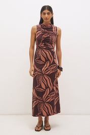 Sleeveless printed midi dress with fit and flare silhouette, funnel neckline, ruched bodice, and soft A-line skirt in stretch modal jersey