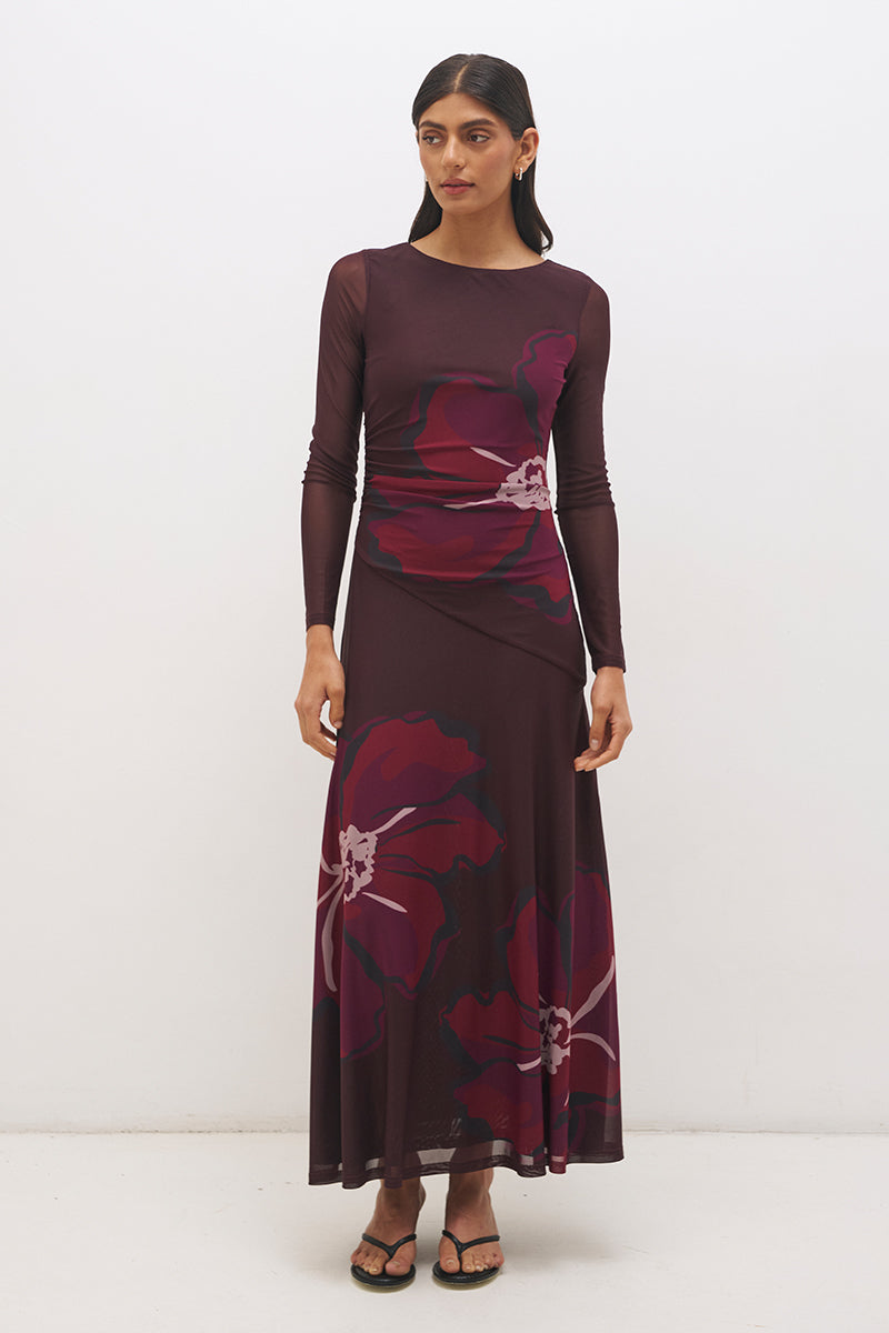 Long sleeve mesh maxi dress with handcrafted placement print, boat neckline, sheer sleeves and flowing skirt