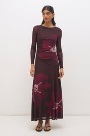 Long sleeve mesh maxi dress with handcrafted placement print, boat neckline, sheer sleeves and flowing skirt