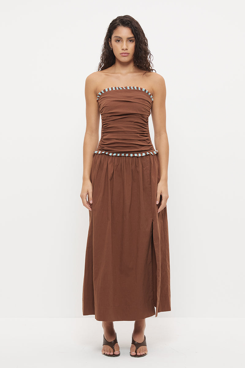 Strapless maxi dress in textured stretch cotton with two-tone fringed trim detail