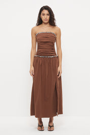 Strapless maxi dress in textured stretch cotton with two-tone fringed trim detail