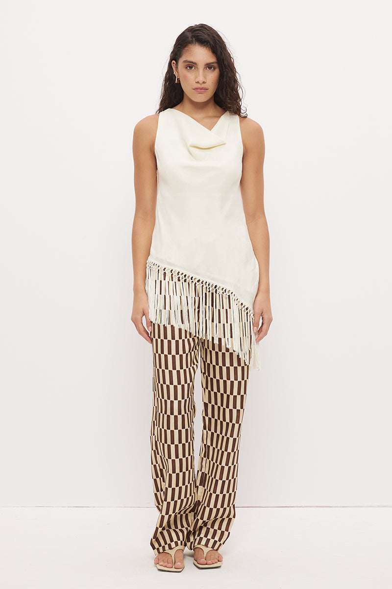Sleeveless bias-cut longline top in brushed woven fabric with cowl neckline and macrame tassel hem