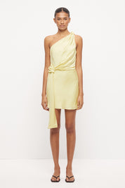One-shoulder bias-cut sateen mini dress with draped bodice, tonal beaded trim and cinched sash