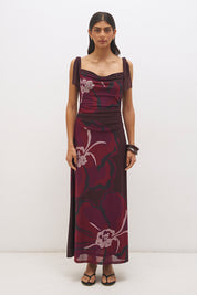 Strappy mesh midi dress with handcrafted placement print, cowl neckline, adjustable tie straps and A-line skirt