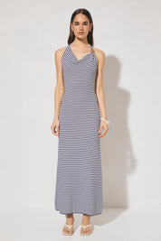 Knitted halter neck dress with asymmetrical cowled neckline, bodycon fit, contrast bead strap detail, and fit-and-flare silhouette